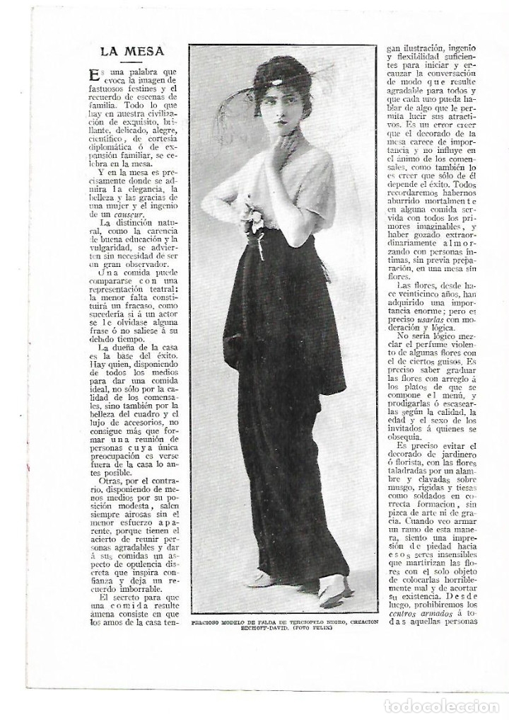 Collecting paper: A&Ntilde;O 1914 RECORTE PRENSA MODA FEMENINA FALDA DE TERCIOPELO CREACION BECHOFF DAVID
