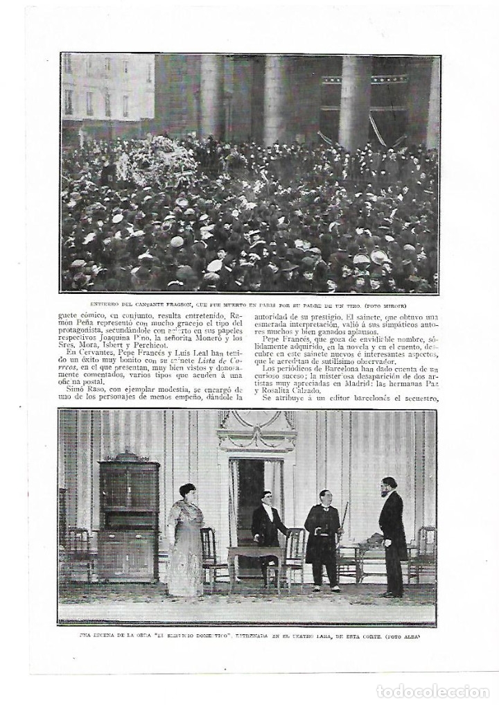 Collecting paper: A&Ntilde;O 1914 RECORTE PRENSA FRANCIA ENTIERRO CANTANTE FRAGSON MUERTO EN PARIS POR UN TIRO DE SU PADRE
