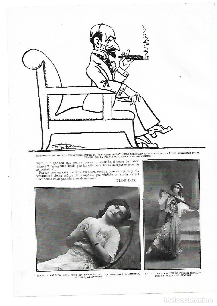 Coleccionismo: A&Ntilde;O 194 RECORTE PRENSA DIBUJO CARICATURA DE JACINTO BENAVENTE POR FRESNO