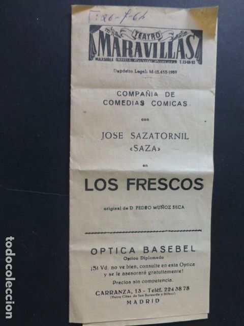 Colecionismo: TEATRO MARAVILLAS MADRID PROGRAMA LOS FRESCOS JOSE SAZATORNIL