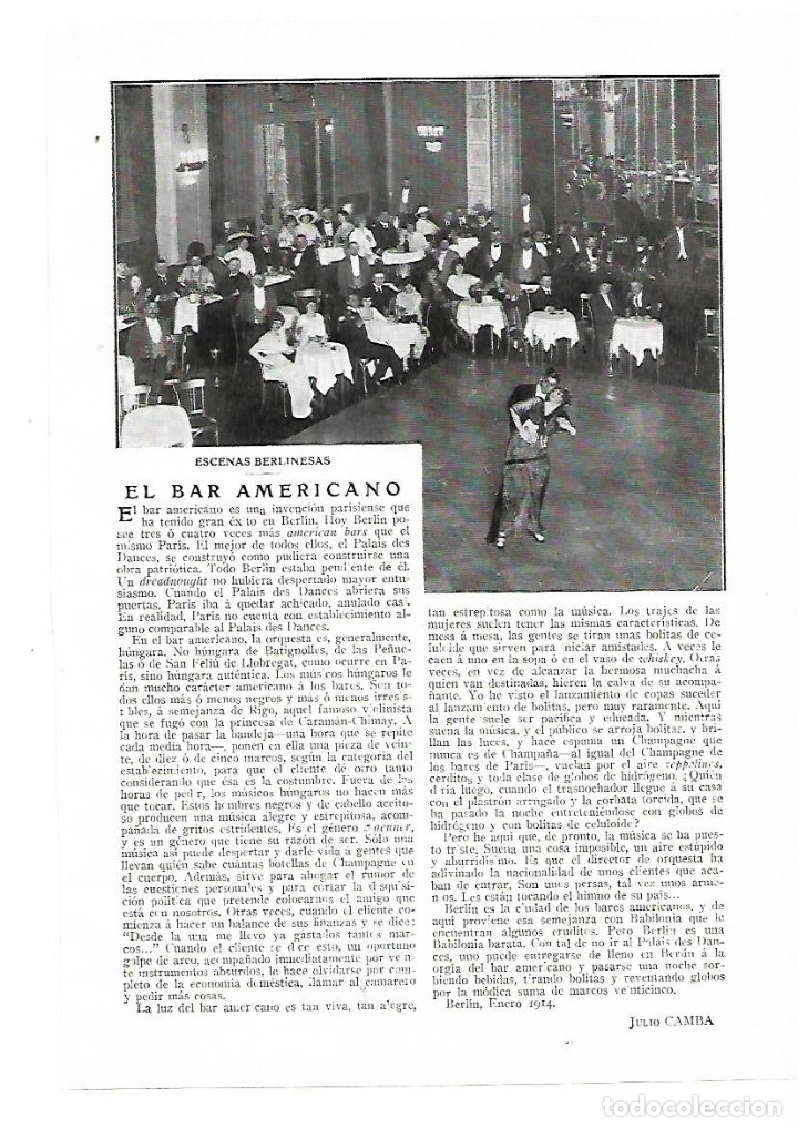 Collezionismo: A&Ntilde;O 1914 RECORTE PRENSA ALEMANIA BERLIN EL BAR AMERICANO BAILE DE SALON ESCENAS BERLINESAS POR CAMBA