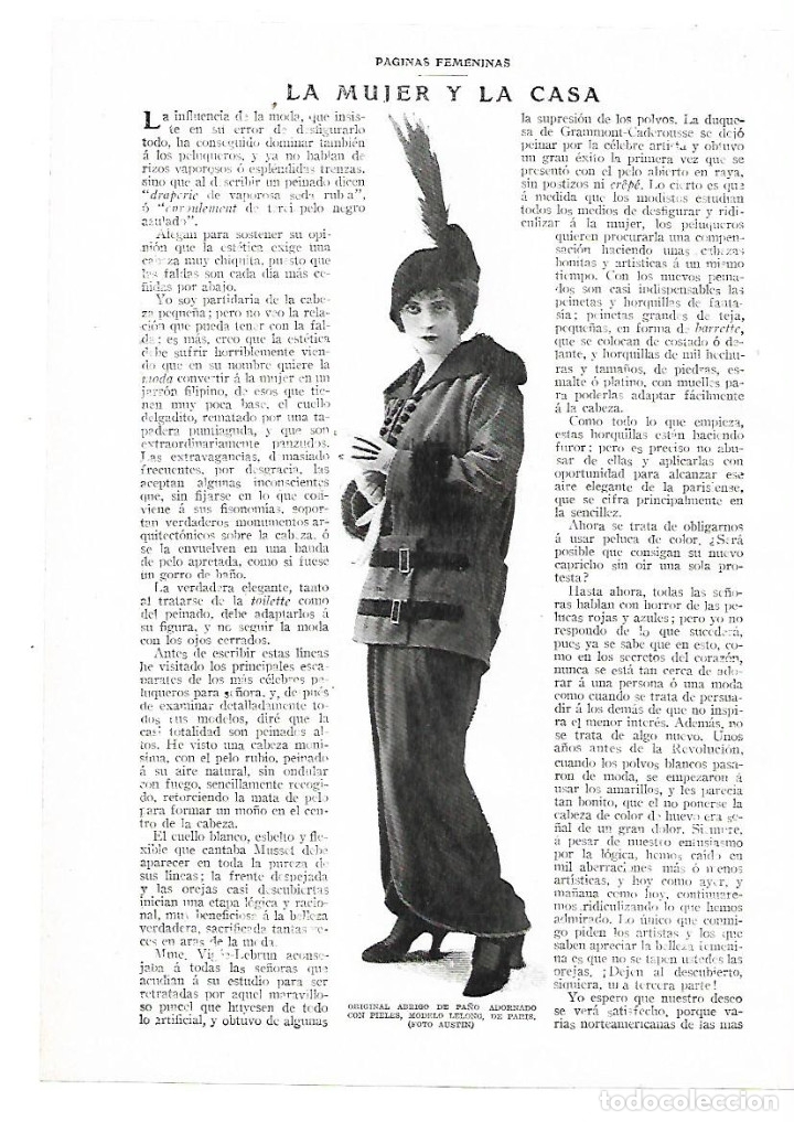 Collecting paper: A&Ntilde;O 1914 RECORTE PRENSA MODA FEMINA ABRIGO PA&Ntilde;O PIELES MODELO LELONG DE PARIS