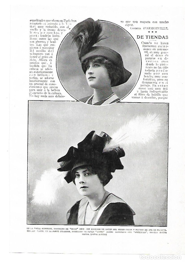 Coleccionismo: A&Ntilde;O 1914 RECORTE PRENSA MODA FEMENINA SOMBRERO PICOT PLUMAS MODELO ELIANE  MONNA CANDA