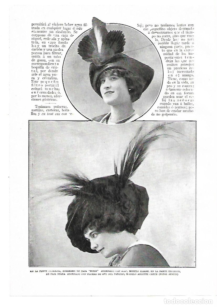 Collectionnisme: A&Ntilde;O 1914 RECORTE PRENSA MODA FEMENINA SOMBRERO PAJA MODELO ELIANE ARLETTE CARUS