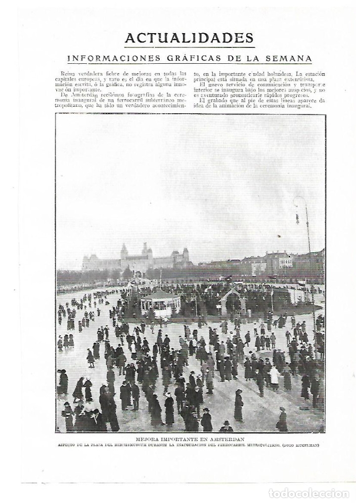 Collectionnisme: &Ntilde;O 1914 RECORTE PRENSA AMSTERDAM PLAZA DEL REICHSMUSEUM INAUGURACION FERROCARRIL METROPOLITANO METRO
