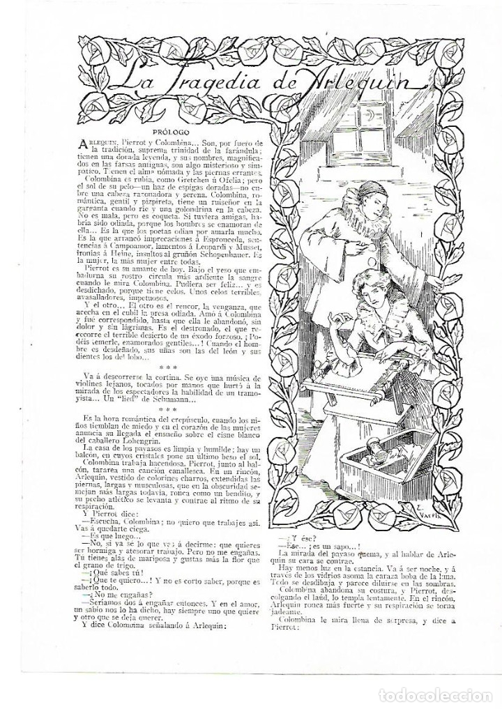 Collectionnisme: A&Ntilde;O 1914 RECORTE PRENSA RELATO CORTO LA TRAGEDIA DEL ARLEQUIN JESUS GABALDON DIBUJO DE VARELA