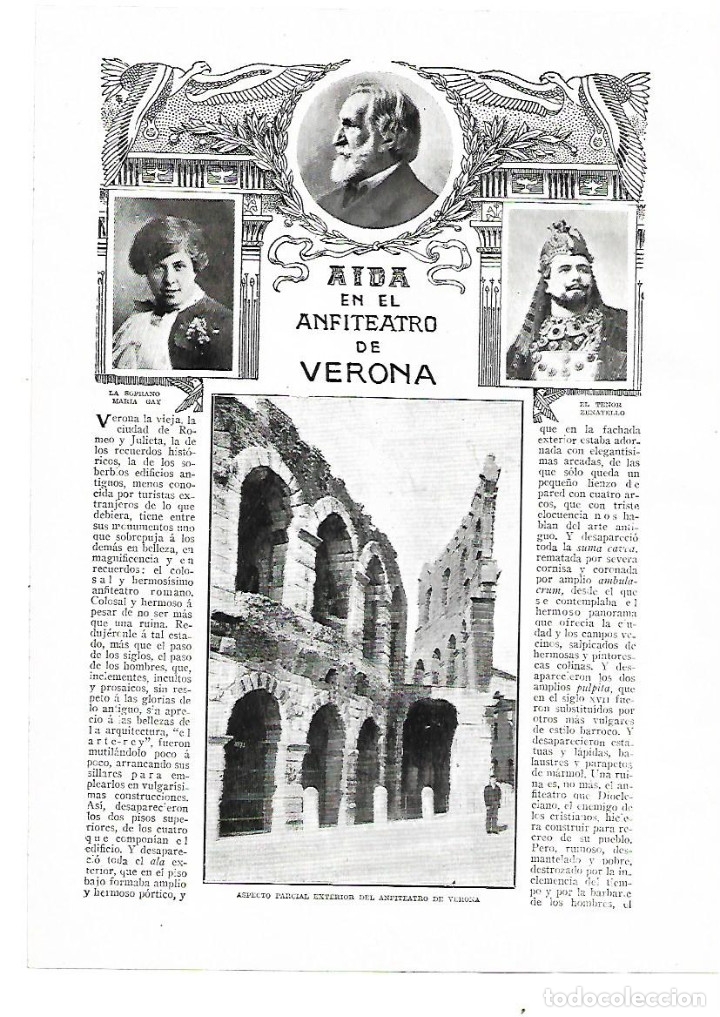 Collecting paper: A&Ntilde;O 1914 RECORTE PRENSA MUSICA OPERA AIDA ANFITEATRO ROMANO VERONA MARIA GAY TENOR ZENATELLO ARENAS