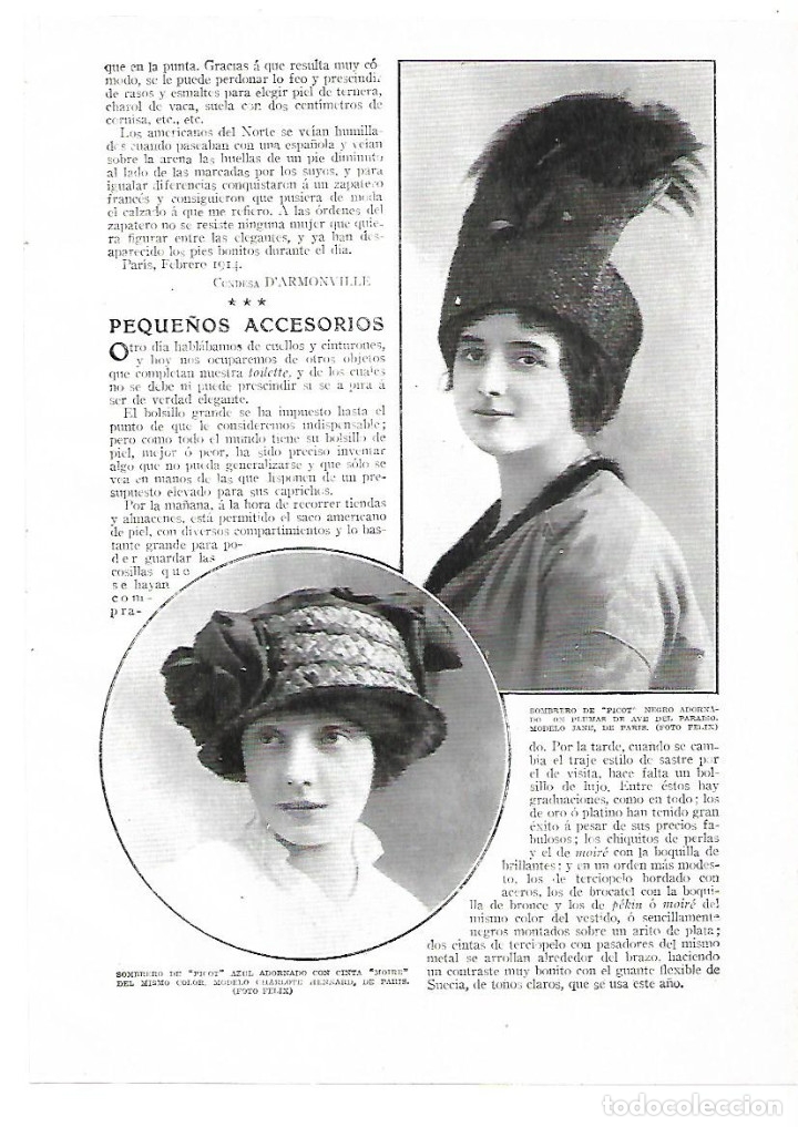 Collectionnisme: A&Ntilde;O 1914 RECORTE PRENSA MODA FEMENINA SOMBREROS MODELO CHARLOTE HENNARD MODELO JANE DE PARIS