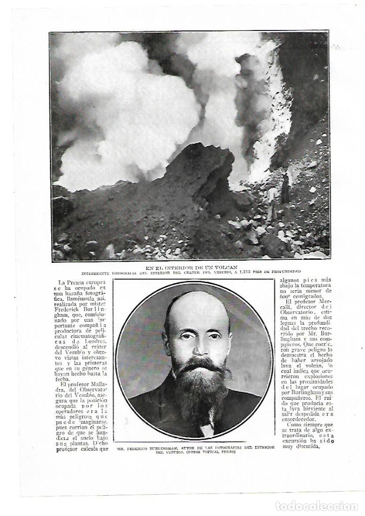 Sammelleidenschaft Papier: A&Ntilde;O 1914 RECORTE PRENSA VOLCAN FOTOGRAFIA INTERIOR CRATER DEL VESUBIO FEDERICO BURLINGHAM