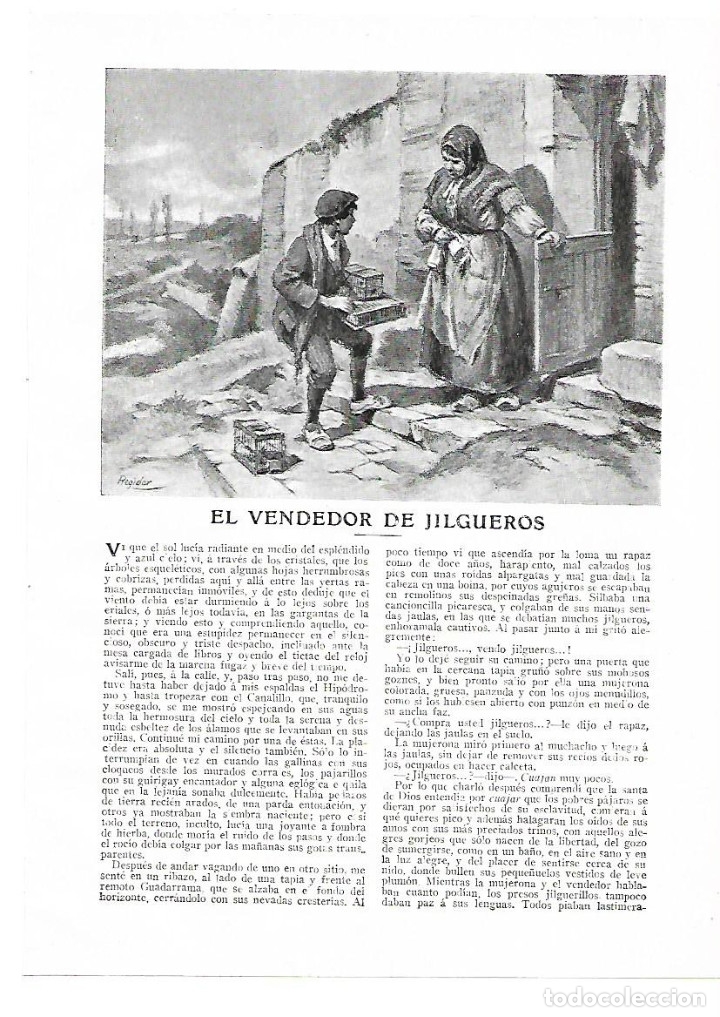 Collectionnisme: A&Ntilde;O 1914 RECORTE PRENSA RELATO CORTO EL VENDEDOR DE JILGUEROS JOSE A. LUENGO DIBUJO REGIDOR