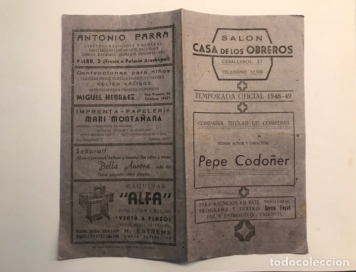 Coleccionismo: VALENCIA. DIPTICO TEATRAL. Sal&oacute;n Casa de los Obreros. 9 de Diciembre de 1948. LA CHICA DEL CITR&Ouml;EN