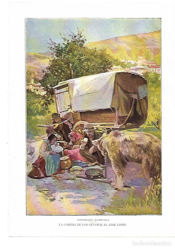Collecting paper: A&Ntilde;O 1914 RECORTE PRENSA FOTOGRAFIA ILUMINADA LA COMIDA DE LOS GITANOS AIRE LIBRE LAMINA REPRODUCCION