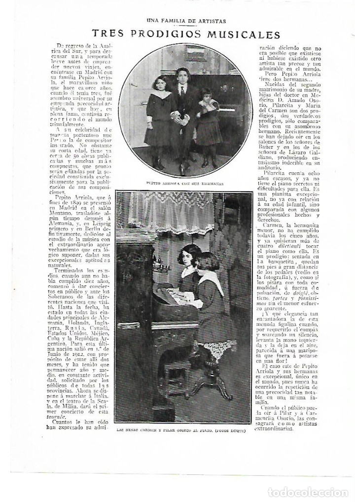 Collectionnisme: A&Ntilde;O 1914 RECORTE PRENSA MUSICA TRES PRODIGIOS FAMILIA JOSE ARRIOLA CARMEN PILAR OSORIO AL PIANO