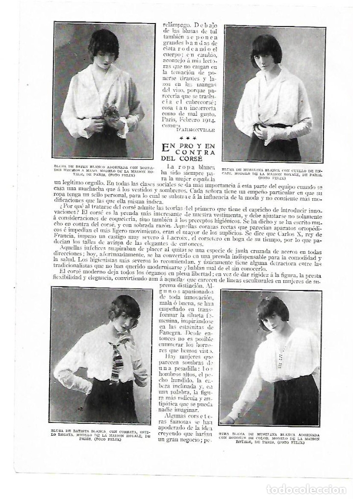 Colecionismo: A&Ntilde;O 1914 RECORTE PRENSA MODA FEMENINA BLUSA SATEN MUSELINA BATISTA MODELO MAISON ROYALE DE PARIS