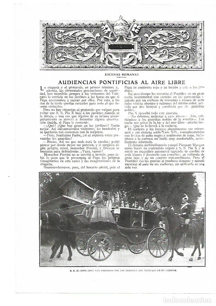 Colecionismo: A&Ntilde;O 1914 RECORTE PRENSA ROMA PAPA LEON XIII  AUDIENCIAS PONTIFICIAS AL AIRE LIBRE COCHE DE CABALLOS