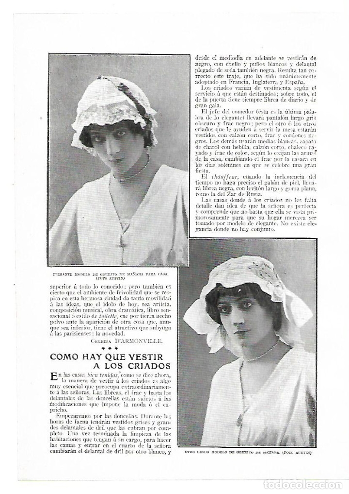 Sammelleidenschaft Papier: A&Ntilde;O 1914 RECORTE PRENSA MODA FEMENINA COFIAS GORRITO DE MA&Ntilde;ANA PARA CASA GORRO