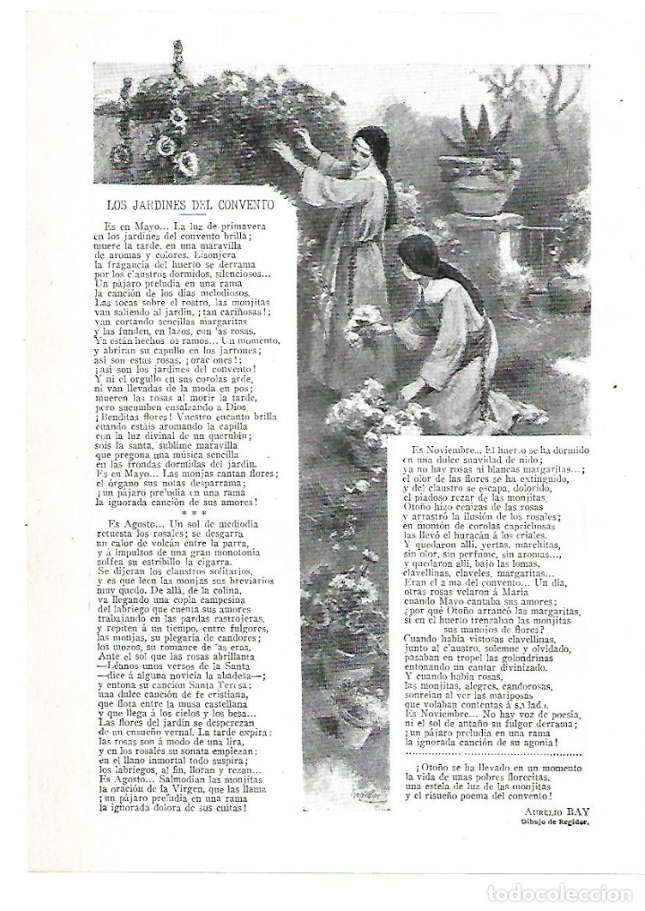 Collectionnisme: A&Ntilde;O 1914 RECORTE PRENSA POESIA LOS JARDINES DEL CONVENTO POR AURELIO BAY DIBUJO REGIDOR ILUSTRACION