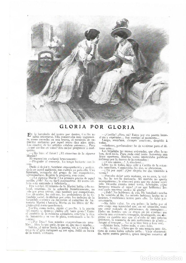 Collectionnisme: A&Ntilde;O 1914 RECORTE PRENSA RELATO CORTO GLORIA POR GLORIA DE MARTINEZ OLMEDILLA DIBUJO REGIDOR