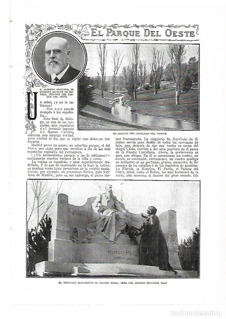Collectionnisme: A&Ntilde;O 1914 RECORTE PRENSA MADRID FOTOS ANTIGUAS EL PARQUE DEL OESTE ALBERTO AGUILERA ESCULTURA BLAY