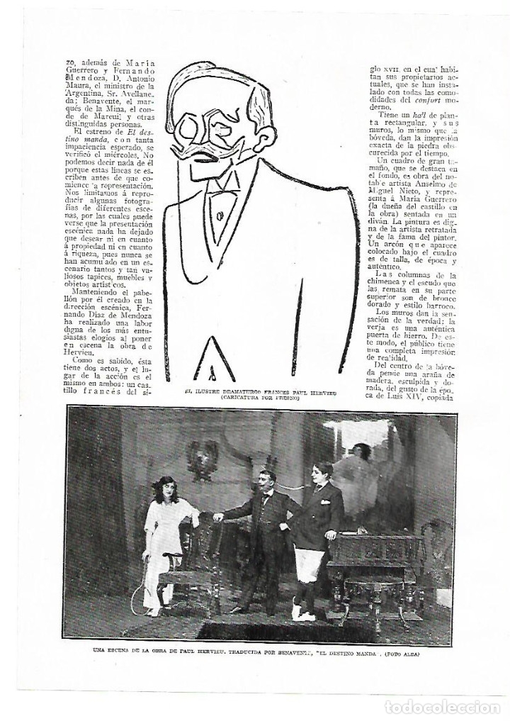 Collectionnisme: A&Ntilde;O 1914 RECORTE PRENSA FRESNO CARICATURA PAUL HERVIEU OBRA TEATRO EL DESTINO MANDA MARIA GUERRERO