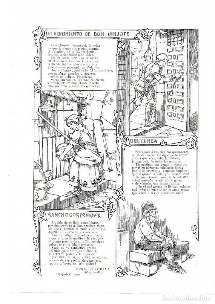 Coleccionismo: A&Ntilde;O 1914 RECORTE PRENSA POESIA VENCIMIENTO DE DON QUIJOTE EMILIO BOBADILLA FRAY CANDIL DIBUJO VARELA