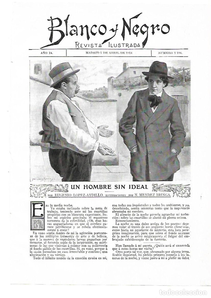 Coleccionismo: A&Ntilde;O 1914 RECORTE PRENSA RELATO CORTO UN HOMBRE SIN IDEAL EUGENIO LOPEZ AYDILLO DIBUJO MENDEZ BRINGA