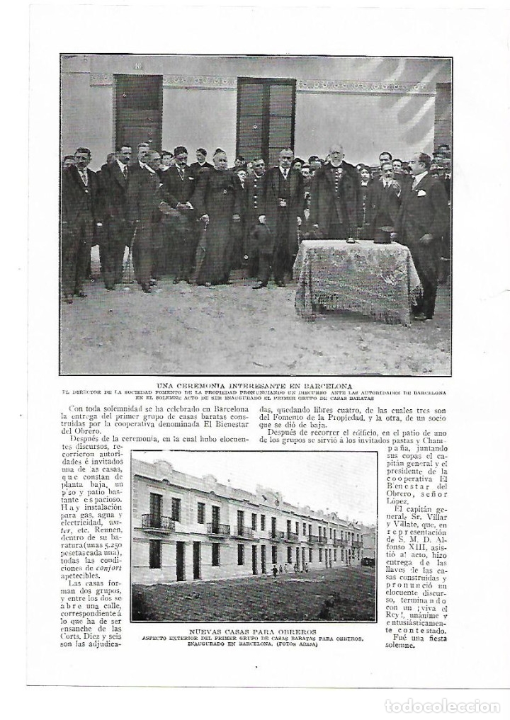 Coleccionismo: A&Ntilde;O 1914 RECORTE PRENSA BARCELONA INAUGURACION CASAS BARATAS COOPERATIVA EL BIENESTAR OBRERO