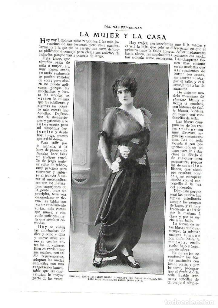 Collectionnisme: A&Ntilde;O 1914 RECORTE PRENSA MODA FEMENINA TRAJE SATEN MODELO BONE SOEURS DE PARIS