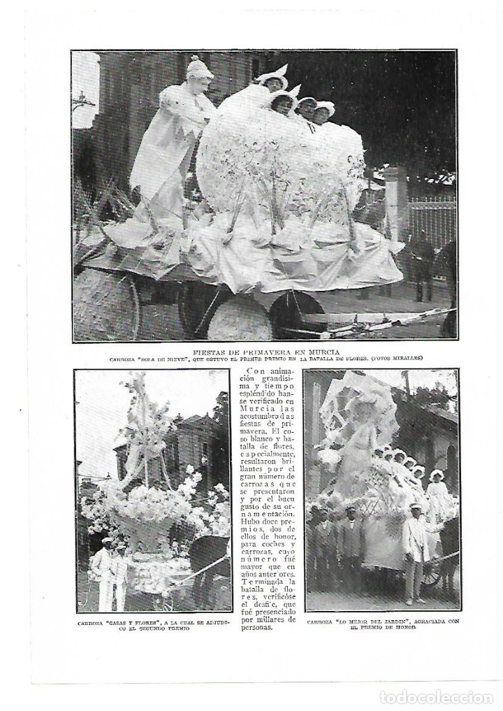 Colecionismo: A&Ntilde;O 1914 RECORTE PRENSA FIESTAS DE PRIMAVERA EN MURCIA CARROZA BOLA DE NIEVE BATALLA DE LAS FLORES