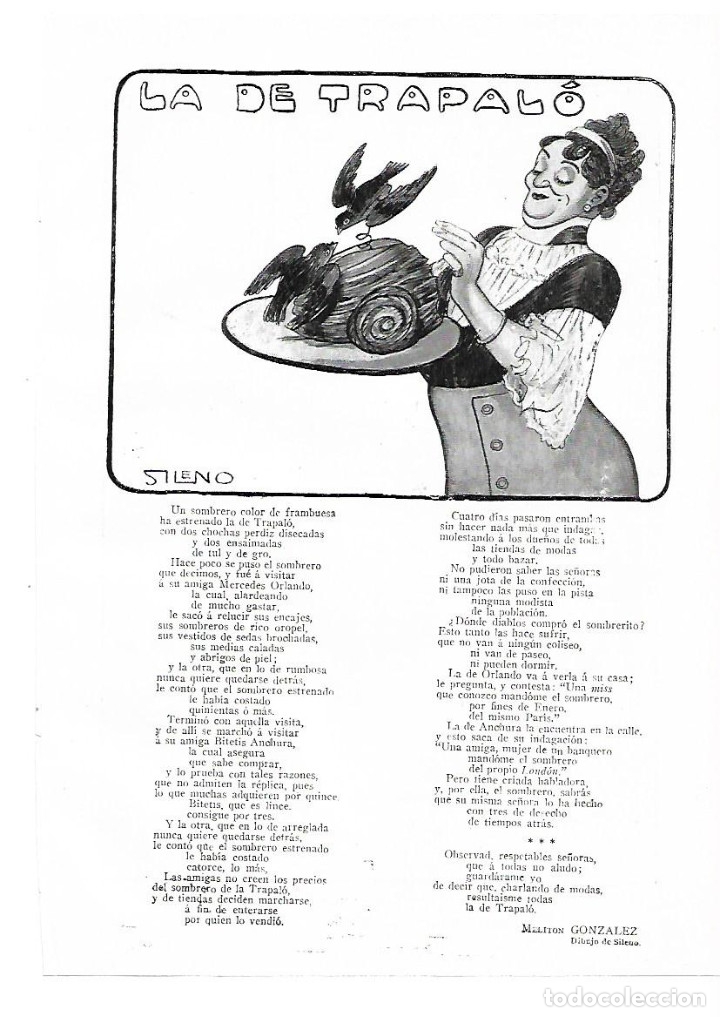 Sammelleidenschaft Papier: A&Ntilde;O 1914 RECORTE PRENSA POESIA LA DE TRAPALO POR MELITON GONZALEZ DIBUJO SILENO PAU PARELLADA HUMOR