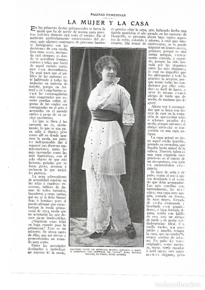 Colecionismo: A&Ntilde;O 1914 RECORTE PRENSA MODA FEMENINA VESTIDO MUSELINA BORDADOS CINTURON SATIN MODELO RAULIN PARIS