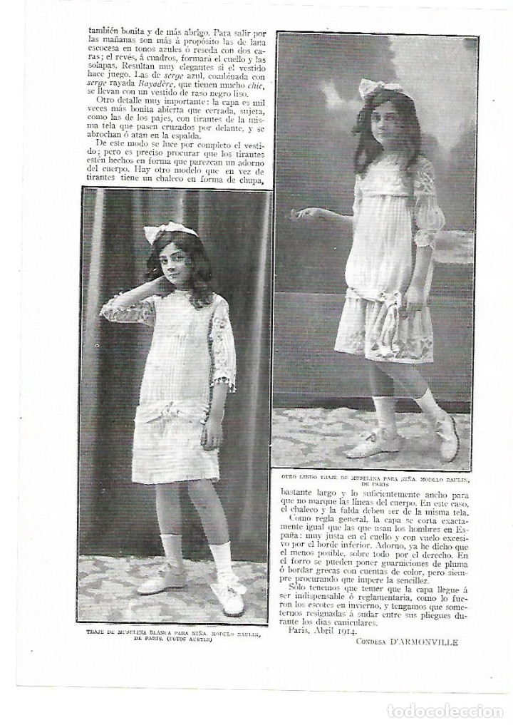 Sammelleidenschaft Papier: A&Ntilde;O 1914 RECORTE PRENSA MODA INFANTIL VESTIDOS NI&Ntilde;A MUSELINA MODELO RAULIN DE PARIS