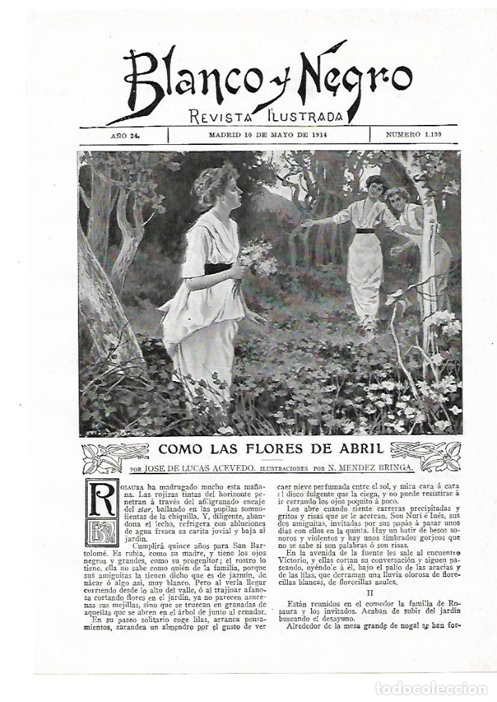 Collezionismo: A&Ntilde;O 1914 RECORTE  RELATO CORTO COMO LAS FLORES DE ABRIL JOSE DE LUCAS ACEVEDO DIBUJO MENDEZ BRINGA
