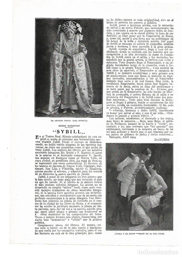 Collectionnisme: A&Ntilde;O 1914 RECORTE PRENSA TEATRO REAL BUDAPEST MUSICA OPERA SYBILL ARTISTA FEDAK SARI