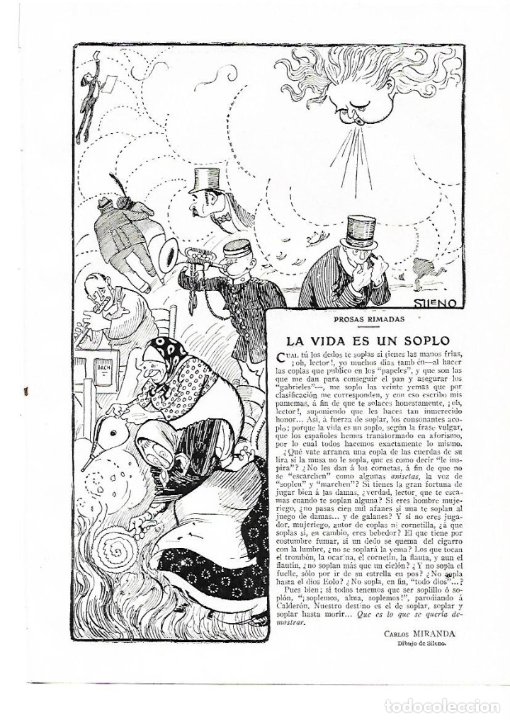 Sammelleidenschaft Papier: A&Ntilde;O 1914 RECORTE PRENSA RELATO CORTO LA VIDA ES UN SOPLO CARLOS MIRANDA DIBUJO SILENO ILUSTRACION