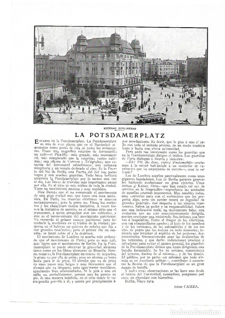 Collectionnisme: A&Ntilde;O 1914 RECORTE PRENSA ALEMANIA BERLIN LA POSTDAMERPLATZ ESCENAS BERLINESAS POR CAMBA