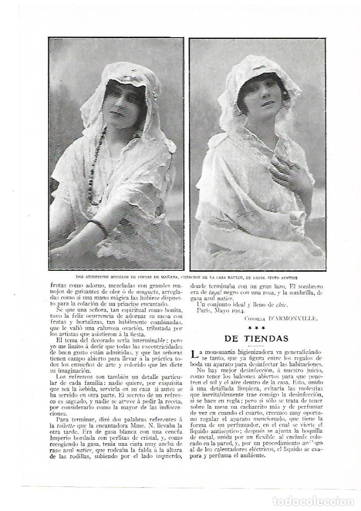 Collectionnisme: A&Ntilde;O 1914 RECORTE PRENSA MODA MUJER COFIAS DE MA&Ntilde;ANA MODELO CASA RAULIN DE PARIS
