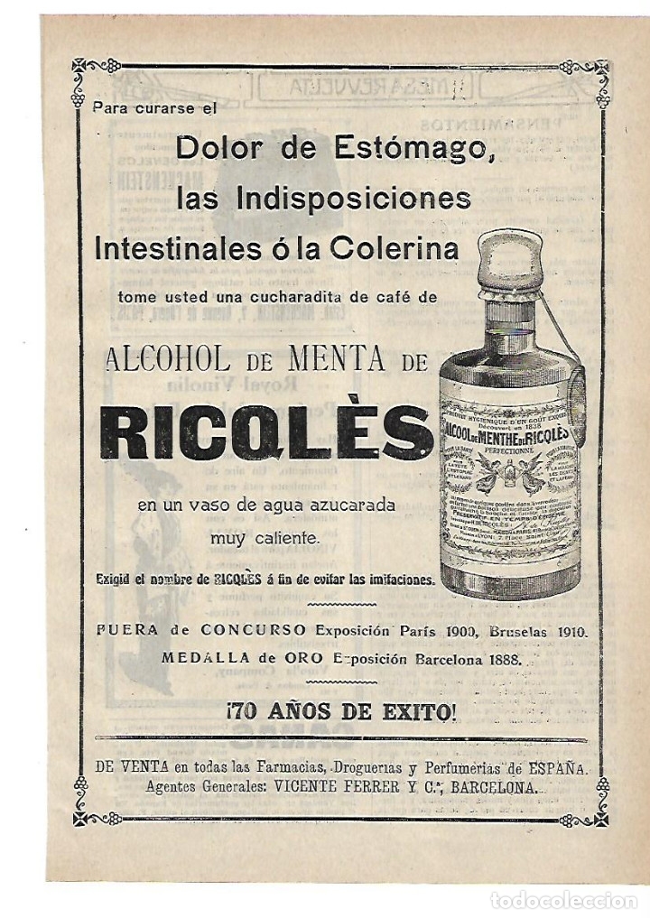 Collectionnisme: A&Ntilde;O 1914 RECORTE PRENSA PUBLICIDAD ALCOHOL DE MENTA RICQLES VICENTE FERRER Y CIA DOLOR ESTOMAGO