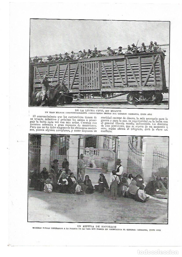 Collectionnisme: A&Ntilde;O 1914 RECORTE PRENSA GUERRA MEJICO LUCHA CIVIL TREN MILITAR GENERAL CARRANZA CHIUAHUA SOCORROS