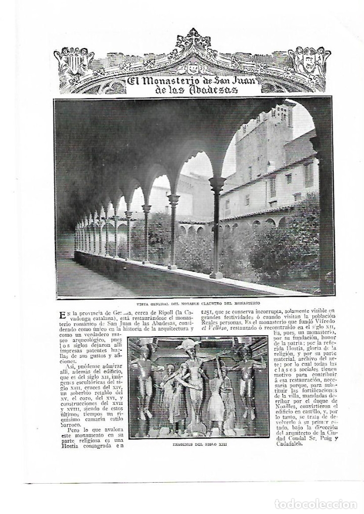 Collezionismo: A&Ntilde;O 1914 RECORTE PRENSA MONASTERIO MONESTIR SANT JOAN DE LES ABADESSES ABADESAS CLAUSTRO