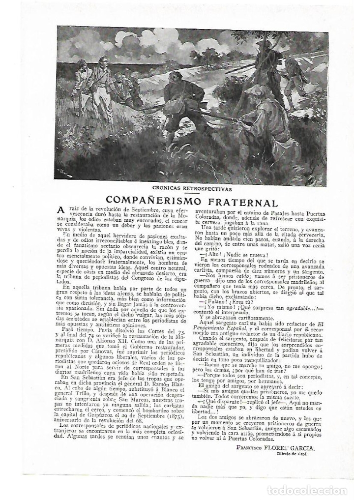 Collectionnisme: A&Ntilde;O 1914 RECORTE PRENSA RELATO CORTO COMPA&Ntilde;ERISMO FRATERNAL FRANCISCO FLORES GARCIA DIBUJO ESPI