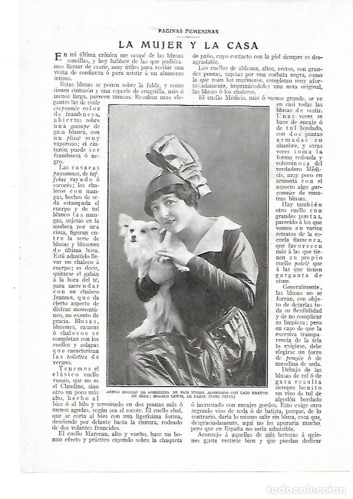 Collezionismo: A&Ntilde;O 1914 RECORTE PRENSA MODA MUJER SOMBRERO PAJA LAZO DE SEDA MODELO LEWIS DE PARIS