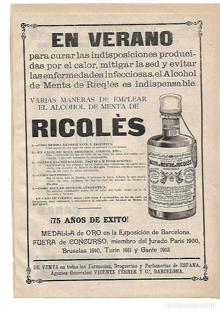 Colecionismo: A&Ntilde;O 1914 RECORTE PRENSA PUBLICIDAD ALCOHOL DE MENTA RICQLES VICENTE FERRER Y CIA DOLOR ESTOMAGO