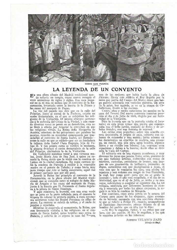 Collezionismo: A&Ntilde;O 1914 RECORTE PRENSA MADRID LA LEYENDA DE UN CONVENTO DE LA ENCARNACION VELASCO ZAZO REGIDOR