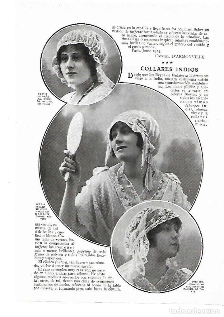 Sammelleidenschaft Papier: A&Ntilde;O 1914 RECORTE PRENSA MODA MUJER GORROS GORRITO COFIA DE MA&Ntilde;ANA MODELO RAULIN DE PARIS