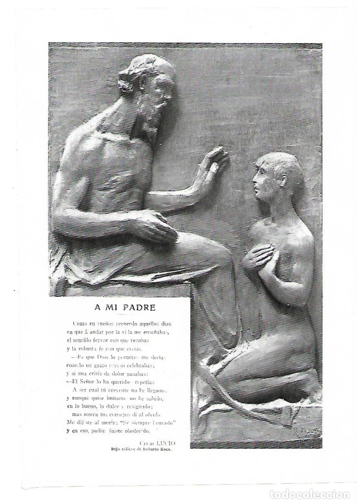 Collectionnisme: A&Ntilde;O 1914 RECORTE PRENSA POESIA A MI PADRE POR CELSO RUBIO ESCULTURA BAJO RELIEVE ROBERTO ROCA