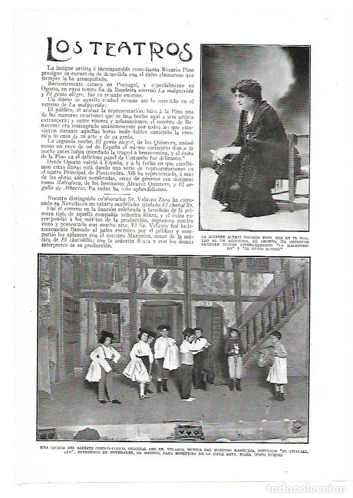 Collectionnisme: A&Ntilde;O 1914 RECORTE PRENSA TEATRO FOTOGRAFIA ACTRIZ ROSARIO PINO SA DA BANDEIRA OPORTO PORTUGAL