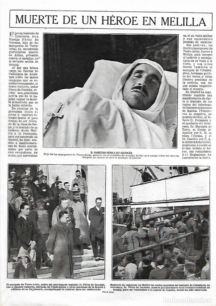 Collezionismo: A&Ntilde;O 1922 RECORTE PRENSA MUERTE NARCISO PEREZ DE GUZMAN HEROE MELILLA MARQUES TORRE ARIAS