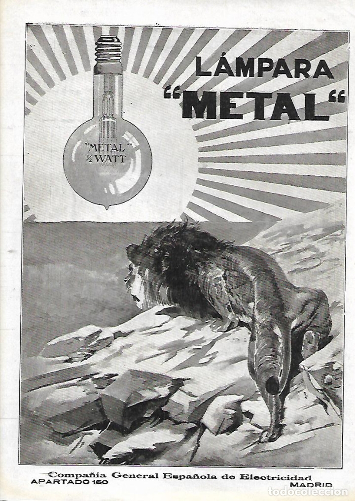 Colecionismo: A&Ntilde;O 1922 RECORTE PRENSA PUBLICIDAD LAMPARA METAL COMPA&Ntilde;IA GENERAL ESPA&Ntilde;OLA ELECTRICIDAD BOMBILLA