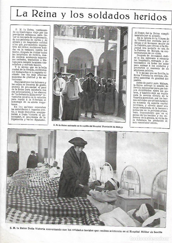 Collezionismo: A&Ntilde;O 1921 RECORTE PRENSA VISITA DE LA REINA VICTORIA SOLDADOS HERIDOS HOSPITAL MILITAR SEVILLA GUERRA
